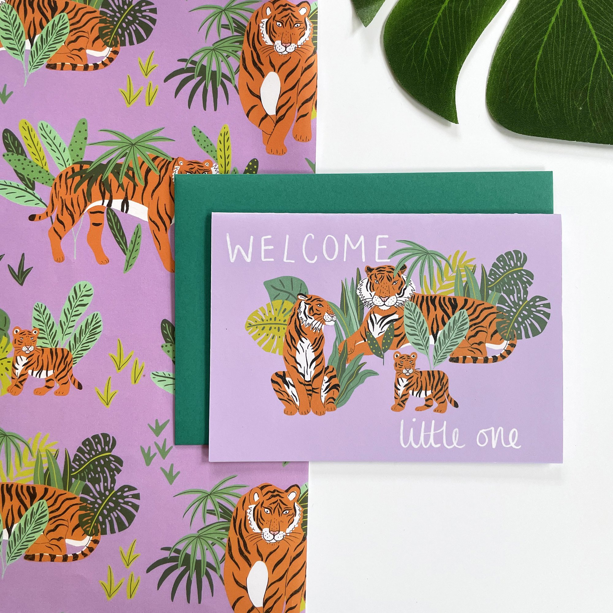 'welcome Little One' New Baby Tiger Family Card. - Just the card, Green Envelope