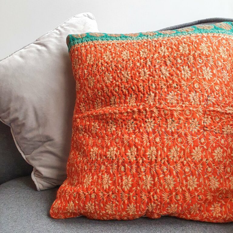 Cotton Sari Cushion Cover, Orange