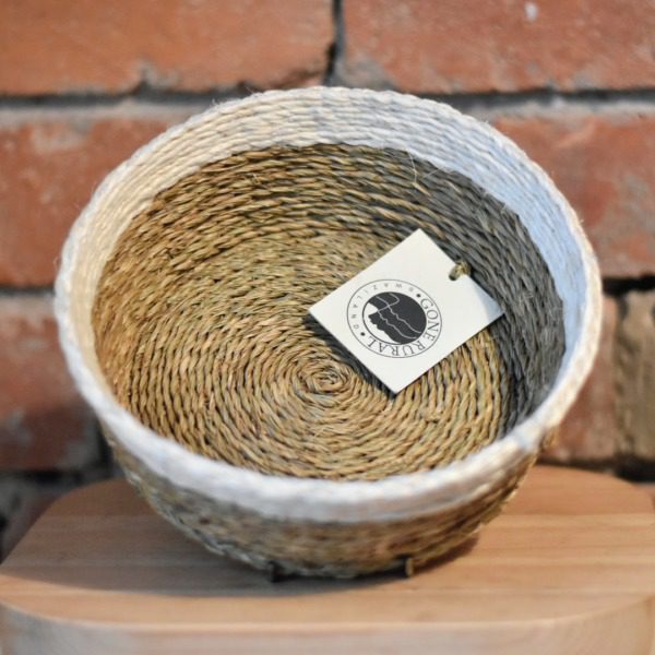 Woven Grass Bread Basket - white trim, large