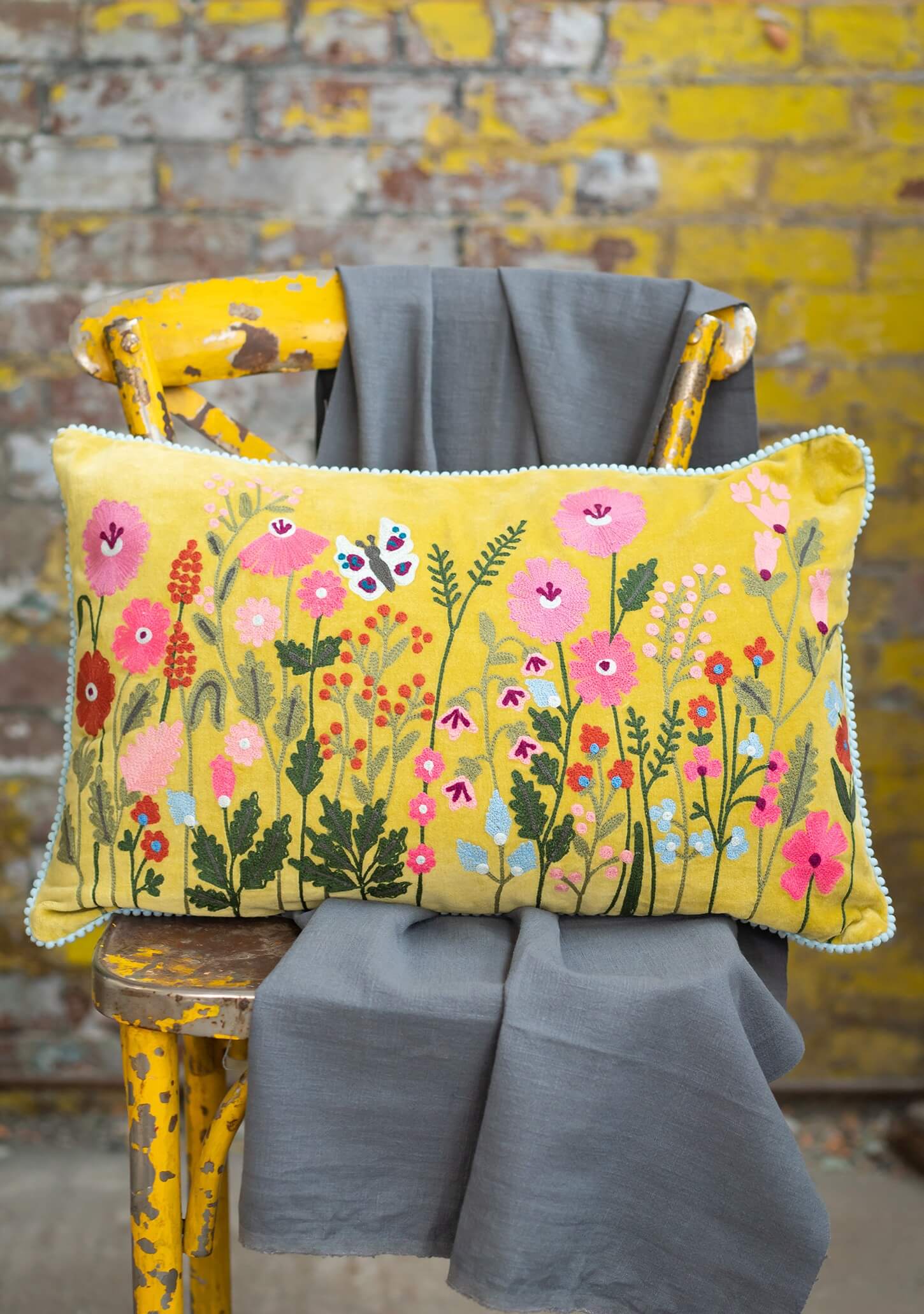 Velvet Spring Flower Cushion Covers - mustard