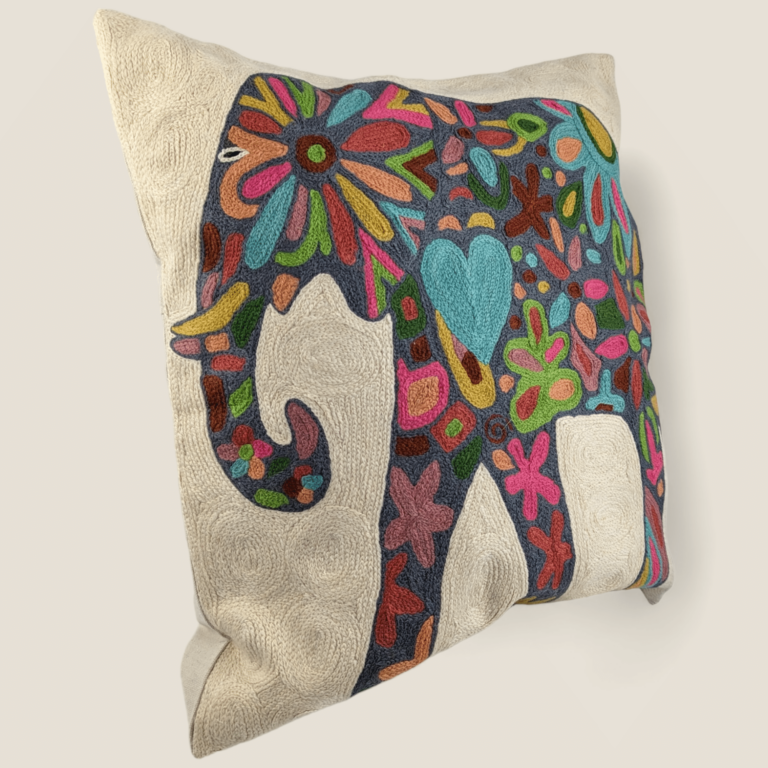 Hand Embroidered Cotton Cushion Cover - Floral Elephant