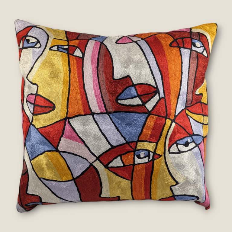Hand Embroidered Silk Cushion Cover - Abstract Faces