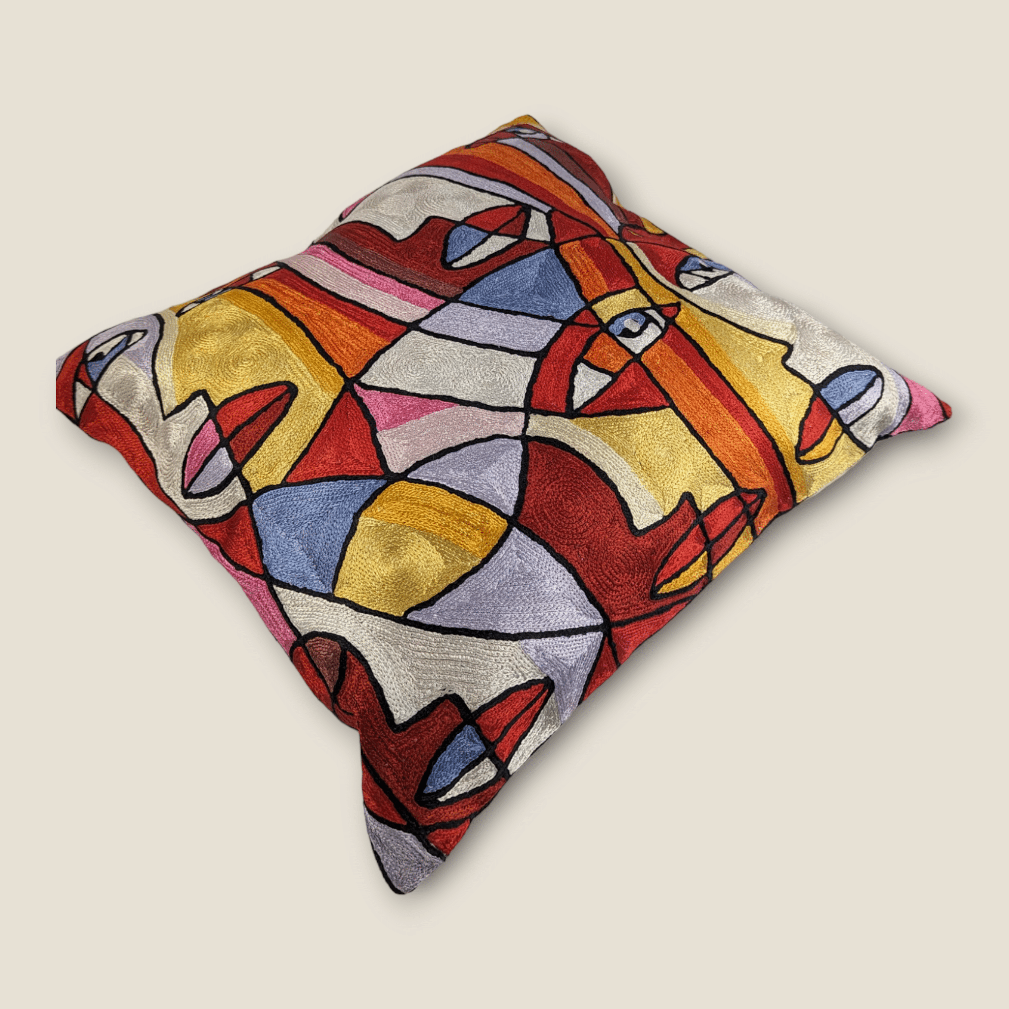 Hand Embroidered Silk Cushion Cover - Abstract Faces