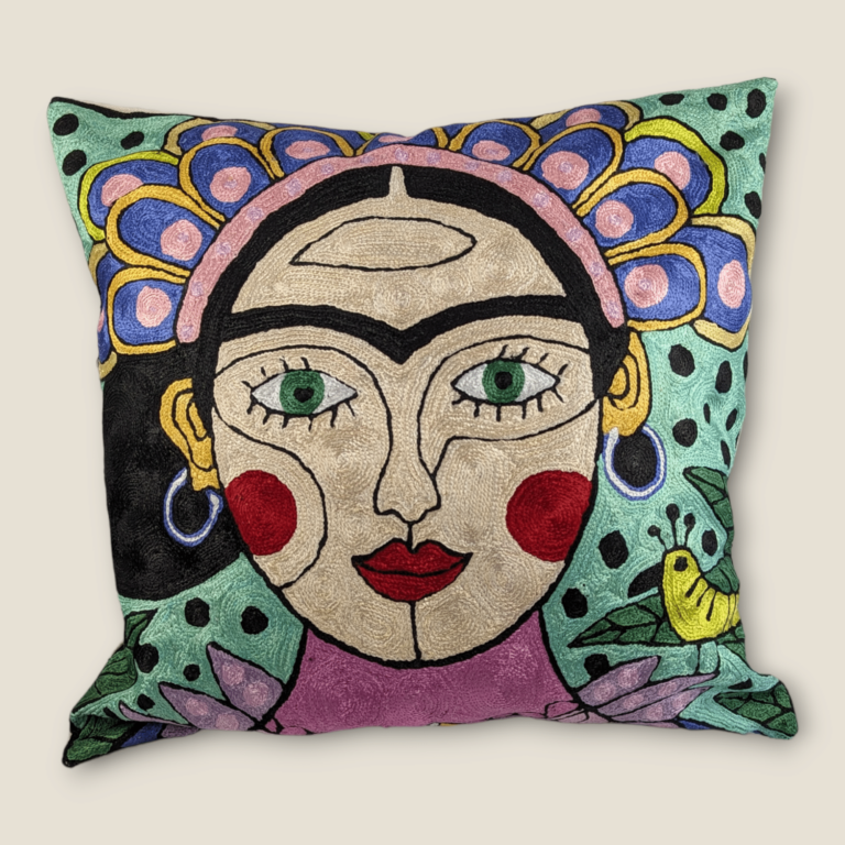 Hand Embroidered Silk Cushion Cover - Freida Kahlo