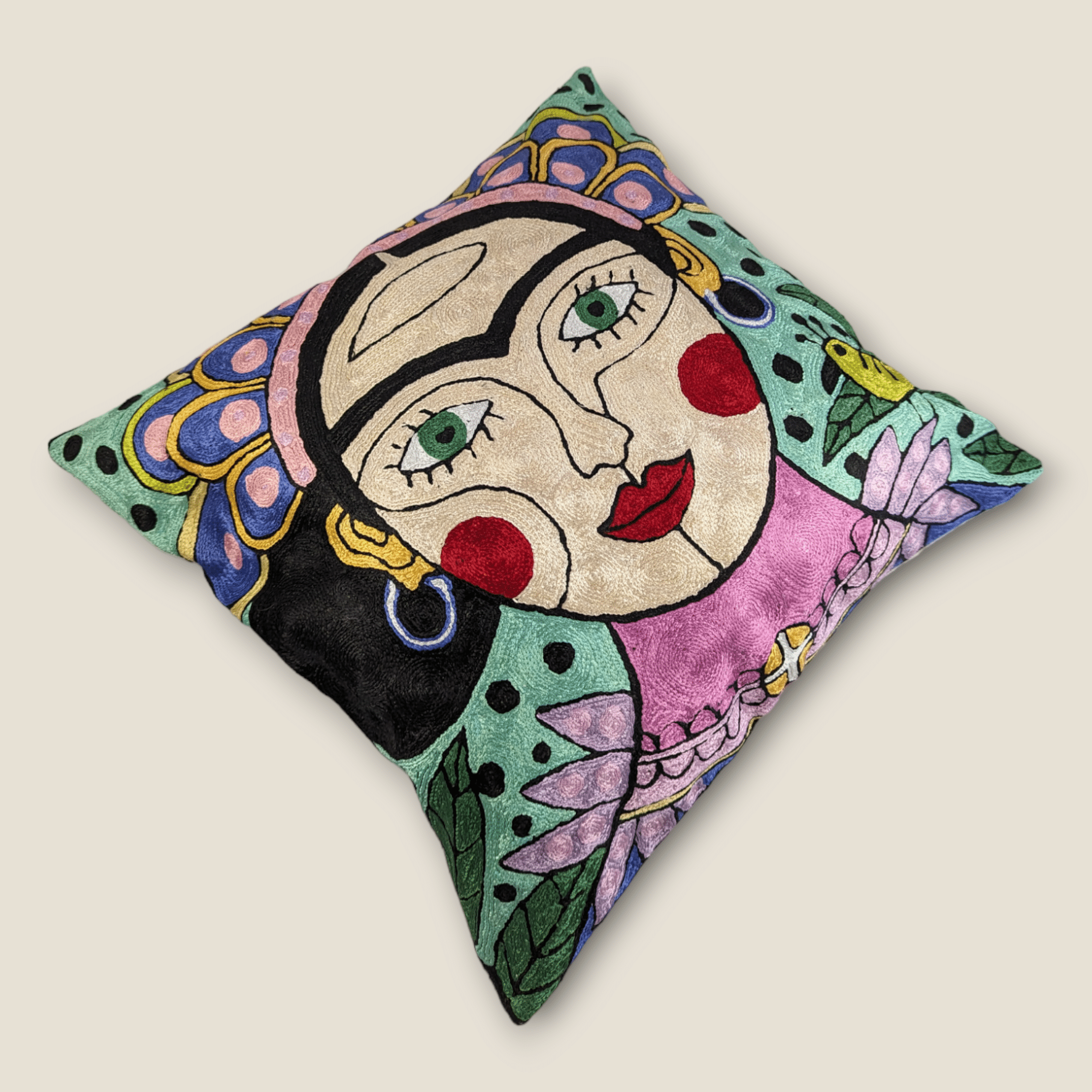 Hand Embroidered Silk Cushion Cover - Freida Kahlo