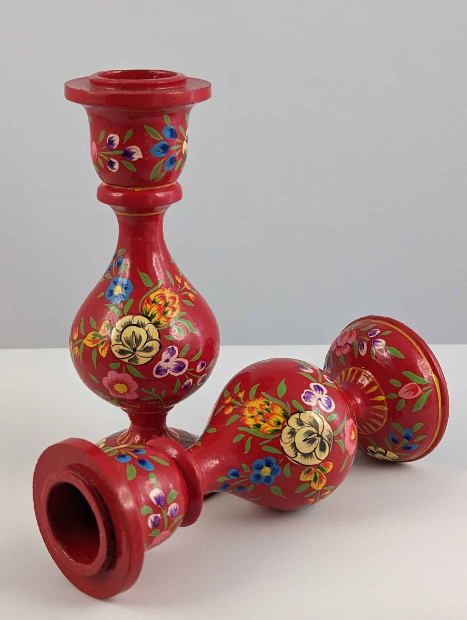 Handcrafted Wooden Candlesticks - Red