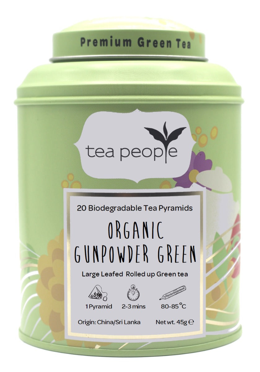 Organic Gunpowder Green - Green Tea Pyramids - 20 Pyramid Tin Caddy