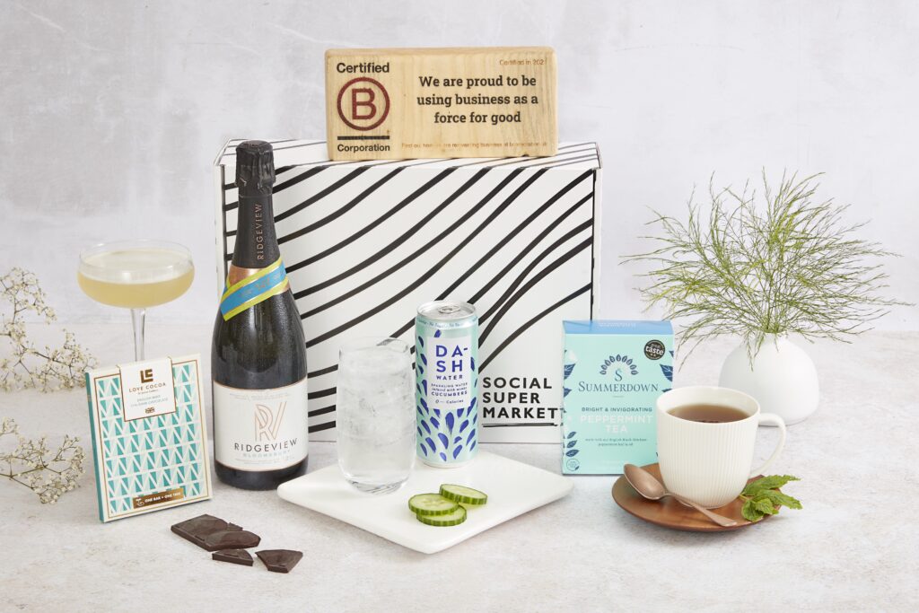 The B Corp gift box with Ridgeview wine, Dash water and more