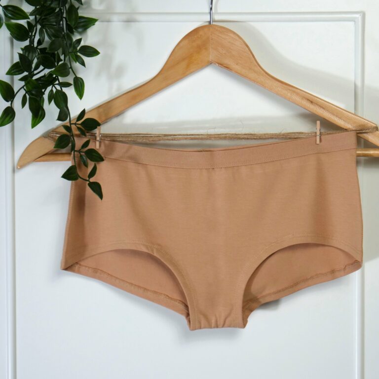 Women's organic cotton boy shorts in almond (light nude)