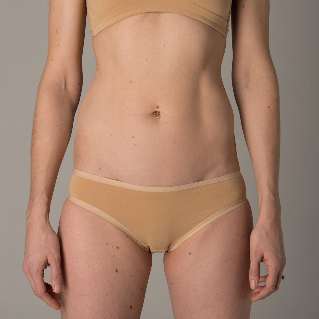Women's organic cotton matching bralette and bikini set - almond (light nude)