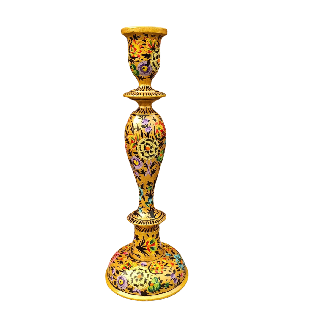 Hand-painted Wooden Candle Stick Holder 12" | Gold Floral