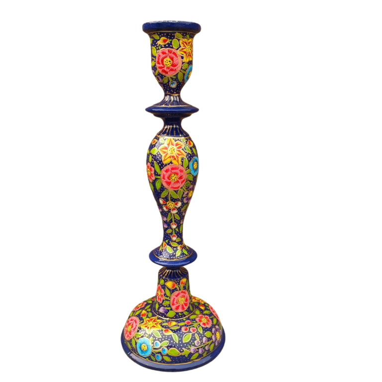 Hand-painted Wooden Candle Stick Holder 12" | Dark Blue Floral