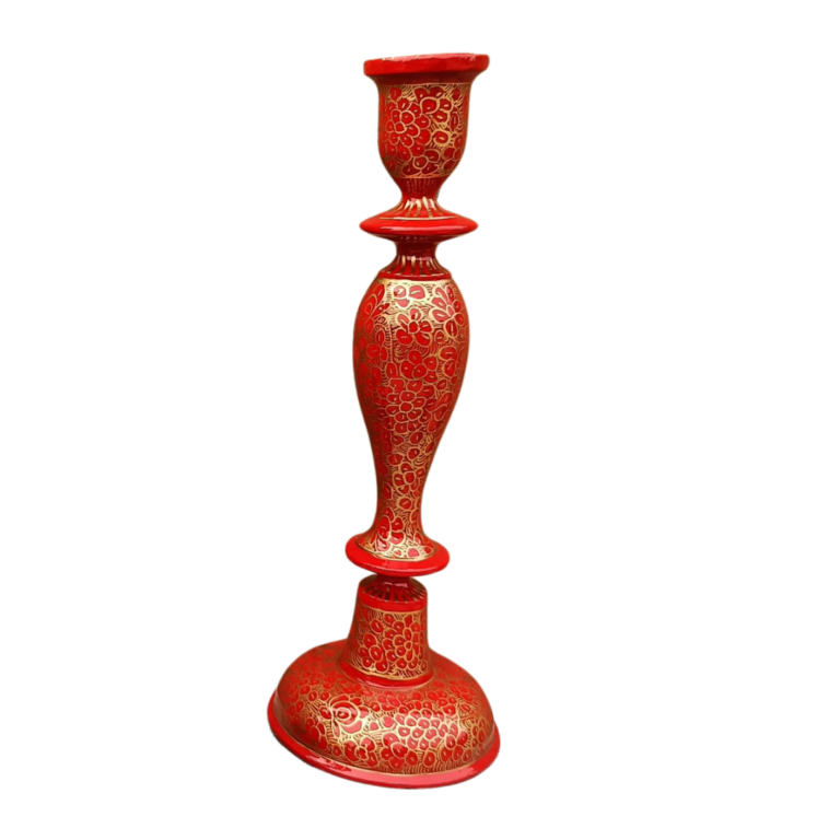 Hand-painted Wooden Candle Stick Holder 12" | Red & Gold