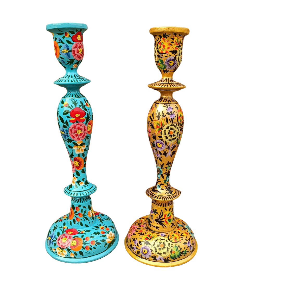 Hand-painted Wooden Candle Stick Holder 12" | Red &amp; Gold
