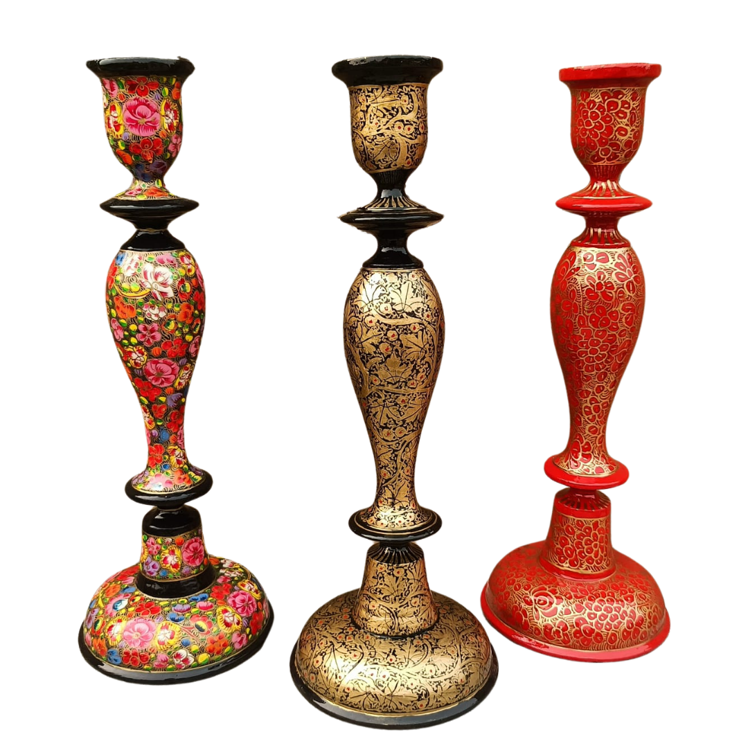 Hand-painted Wooden Candle Stick Holder 12" | Red &amp; Gold
