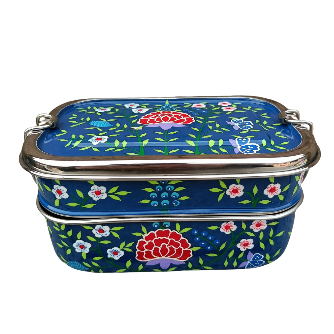 Stainless Steel - Hand-painted Tiffin-style Lunchbox | Turquoise Spring Design