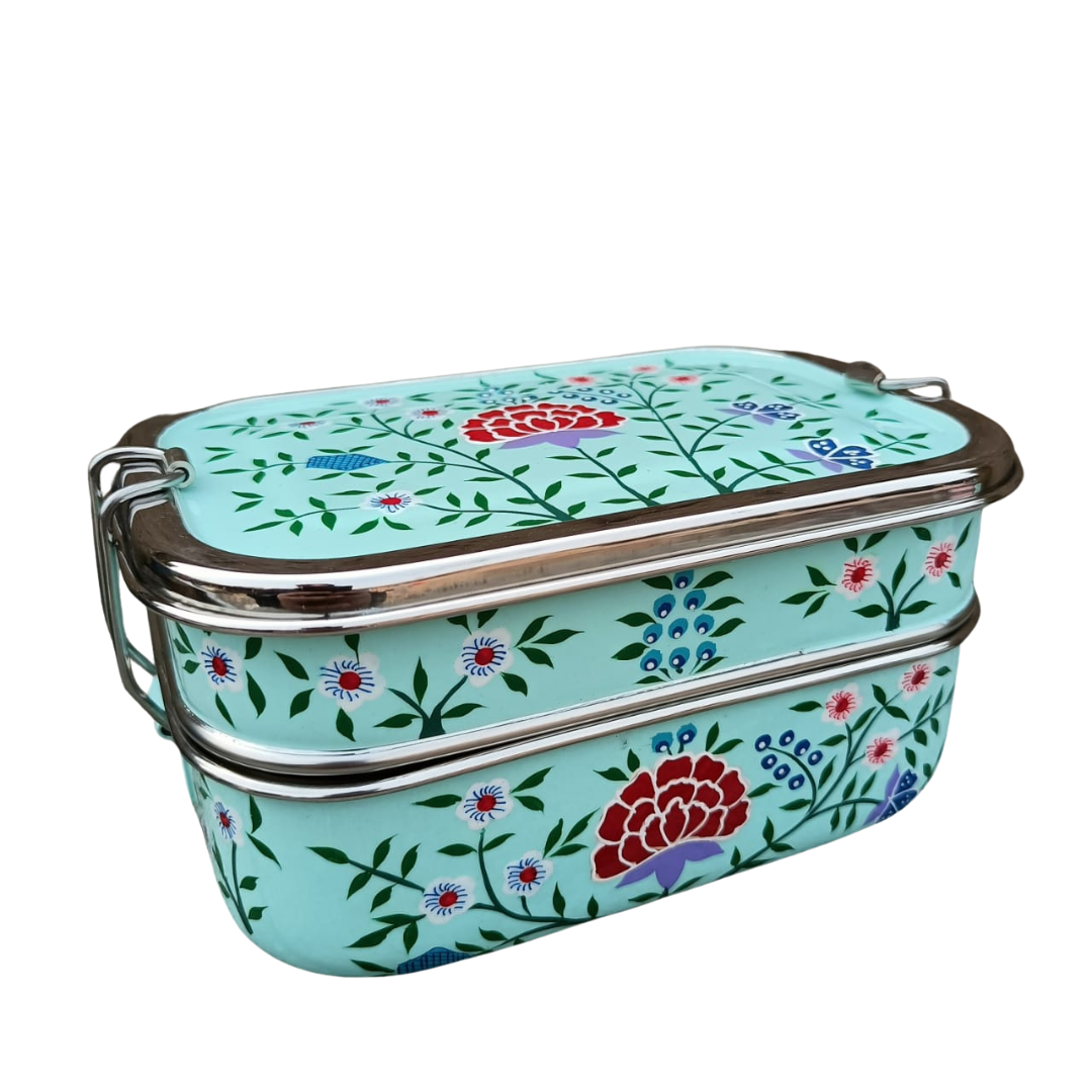 Stainless Steel - Hand-painted Tiffin-style Lunchbox | Dark Blue Spring Design