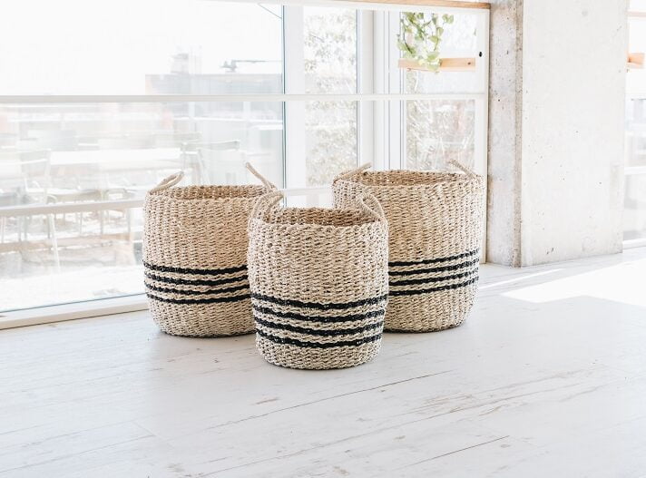 Black Stripe Seagrass Storage Baskets