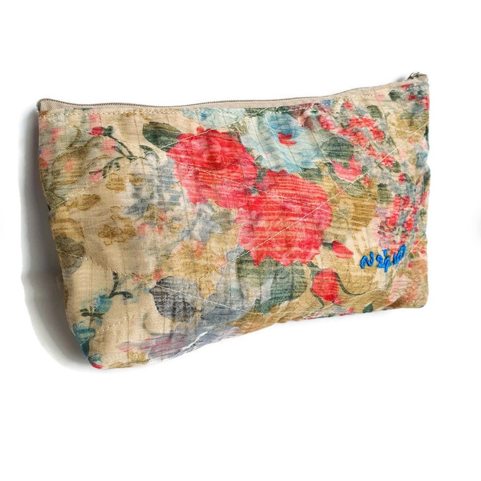 Flat Bottom Upcycled Sari Pouch - Beige floral