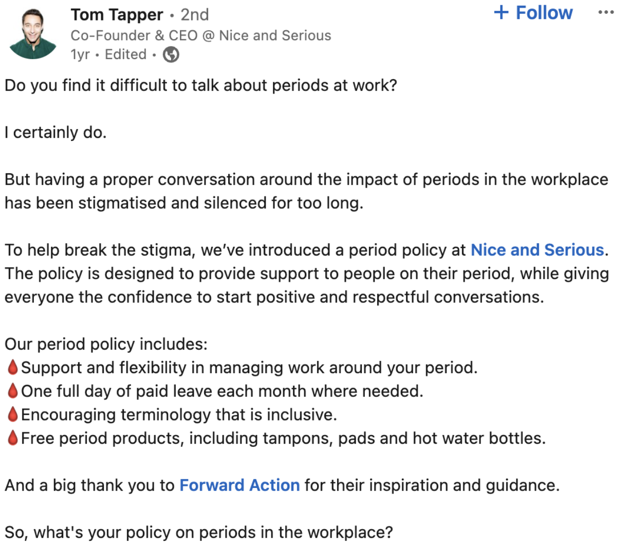 A screenshot from LinkedIn where Tom Tapper explains the new period policy