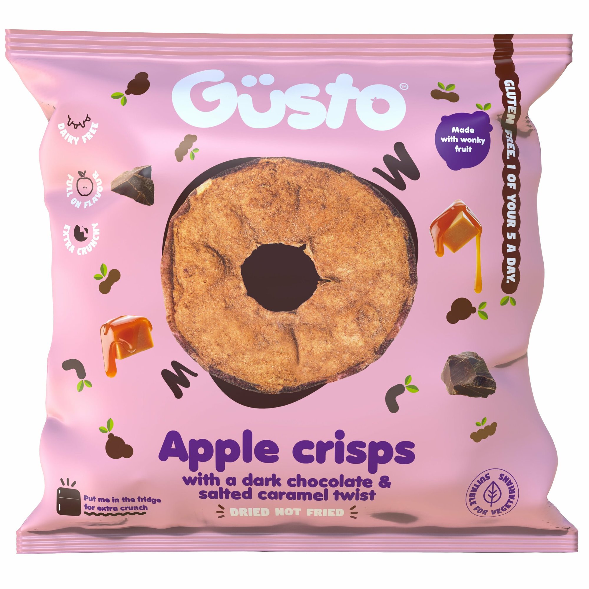 Air-dried wonky apple crisps with a chocolate & salted caramel twist
