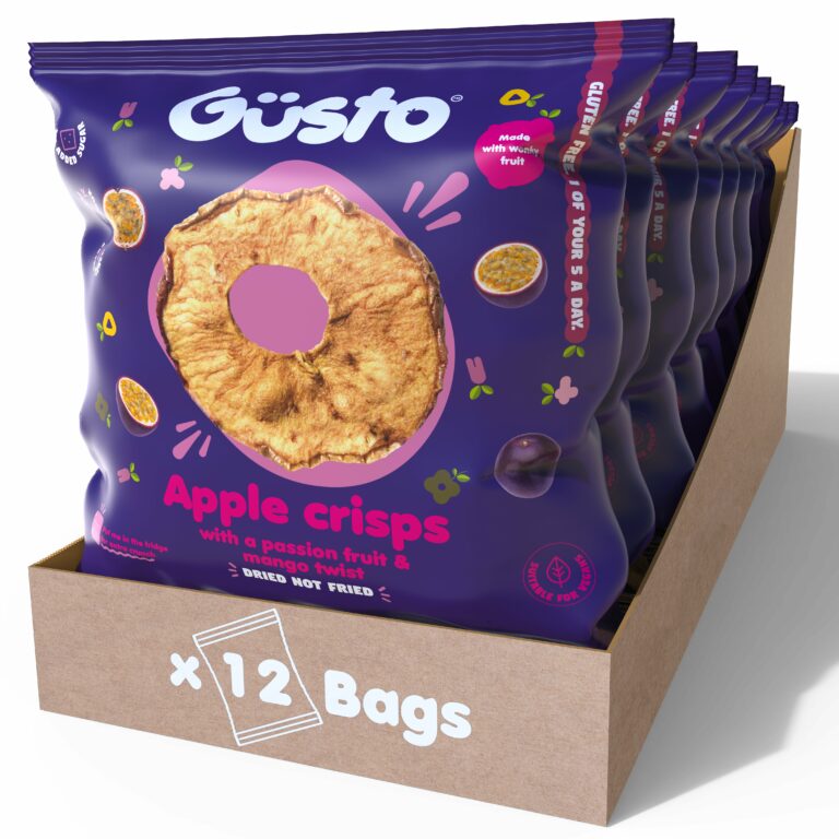 Air-dried wonky apple crisps with a mango & passion fruit twist.