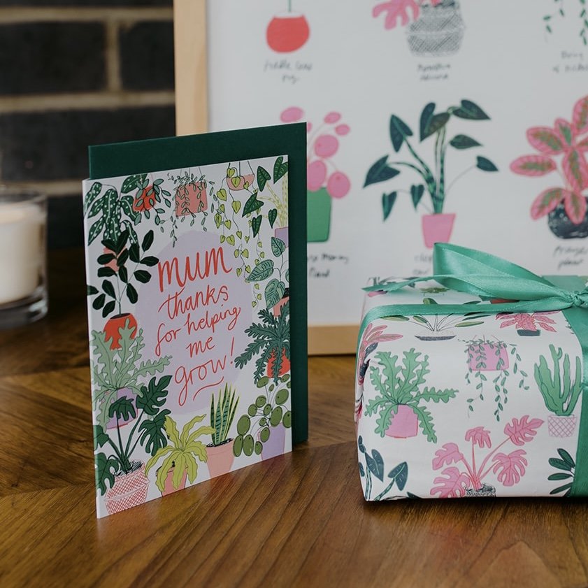 Houseplants Organic Cotton Tea Towel - Add mothers day card