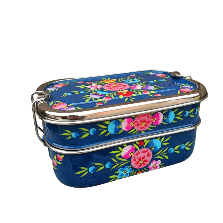 Stainless Steel - Hand-painted Tiffin-style Lunchbox | Dark Blue Floral Garland