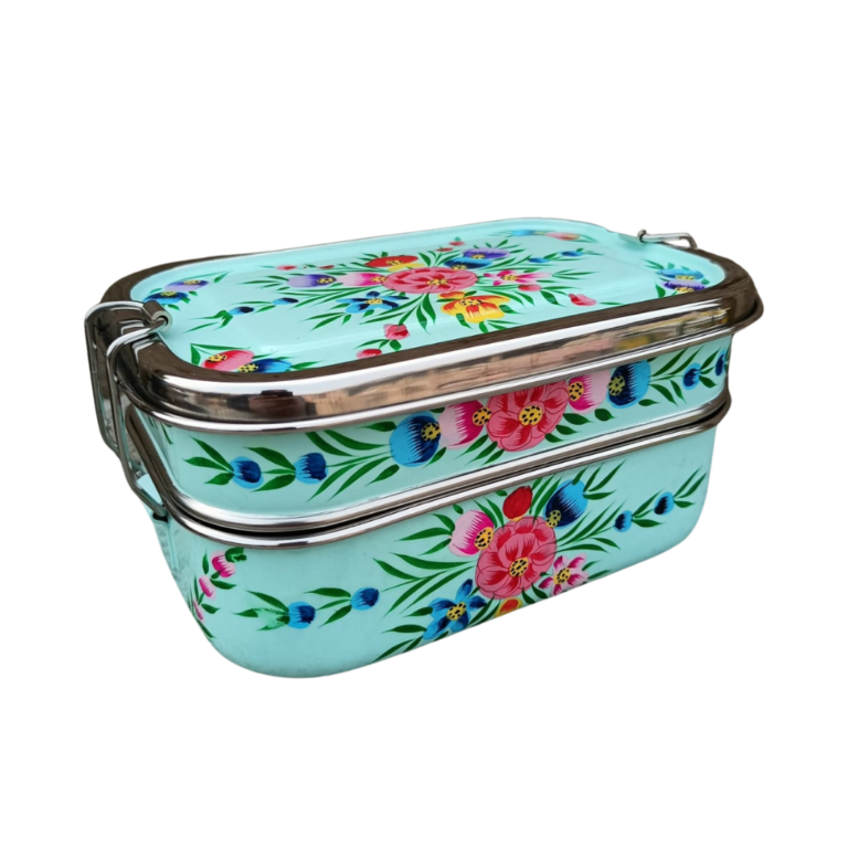 Stainless Steel - Hand-painted Tiffin-style Lunchbox | Turquoise Floral Garland
