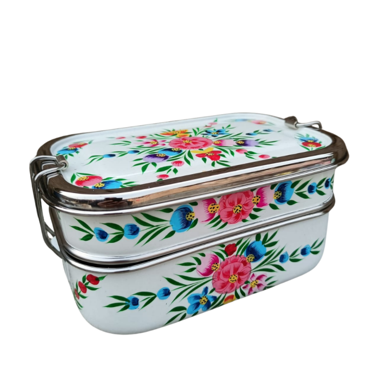 Stainless Steel - Hand-painted Tiffin-style Lunchbox | White Floral Garland