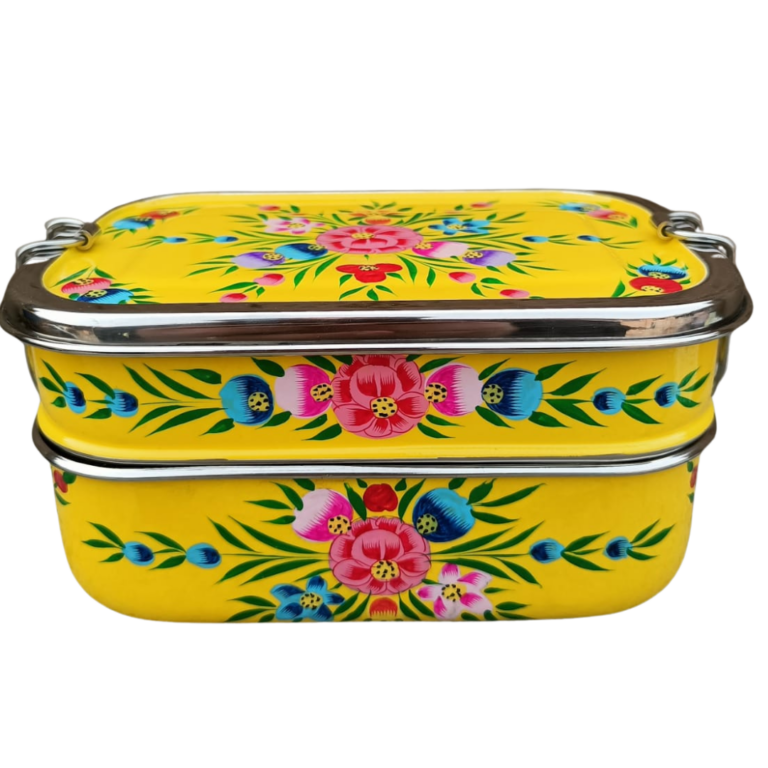 Stainless Steel - Hand-painted Tiffin-style Lunchbox | Dark Blue Floral Garland