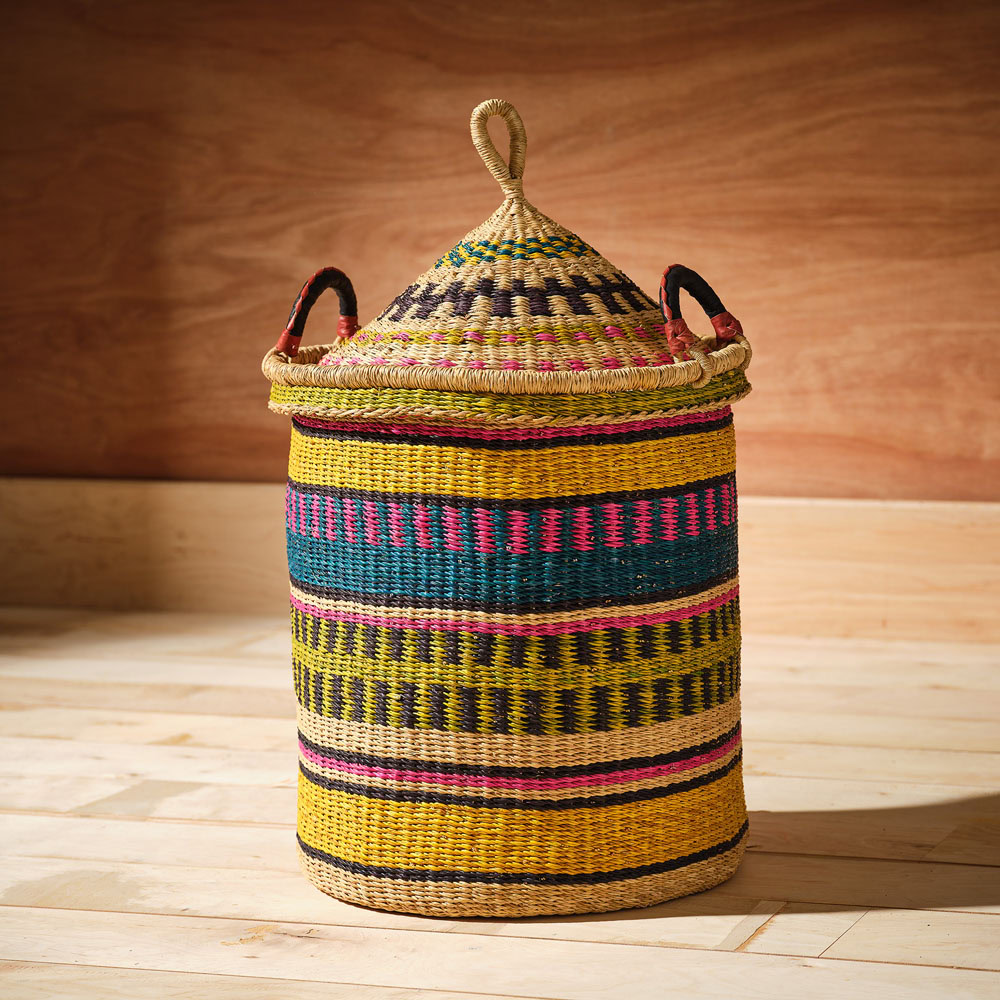 Handwoven Bolga Laundry Basket With Lid - Yellow And Blue