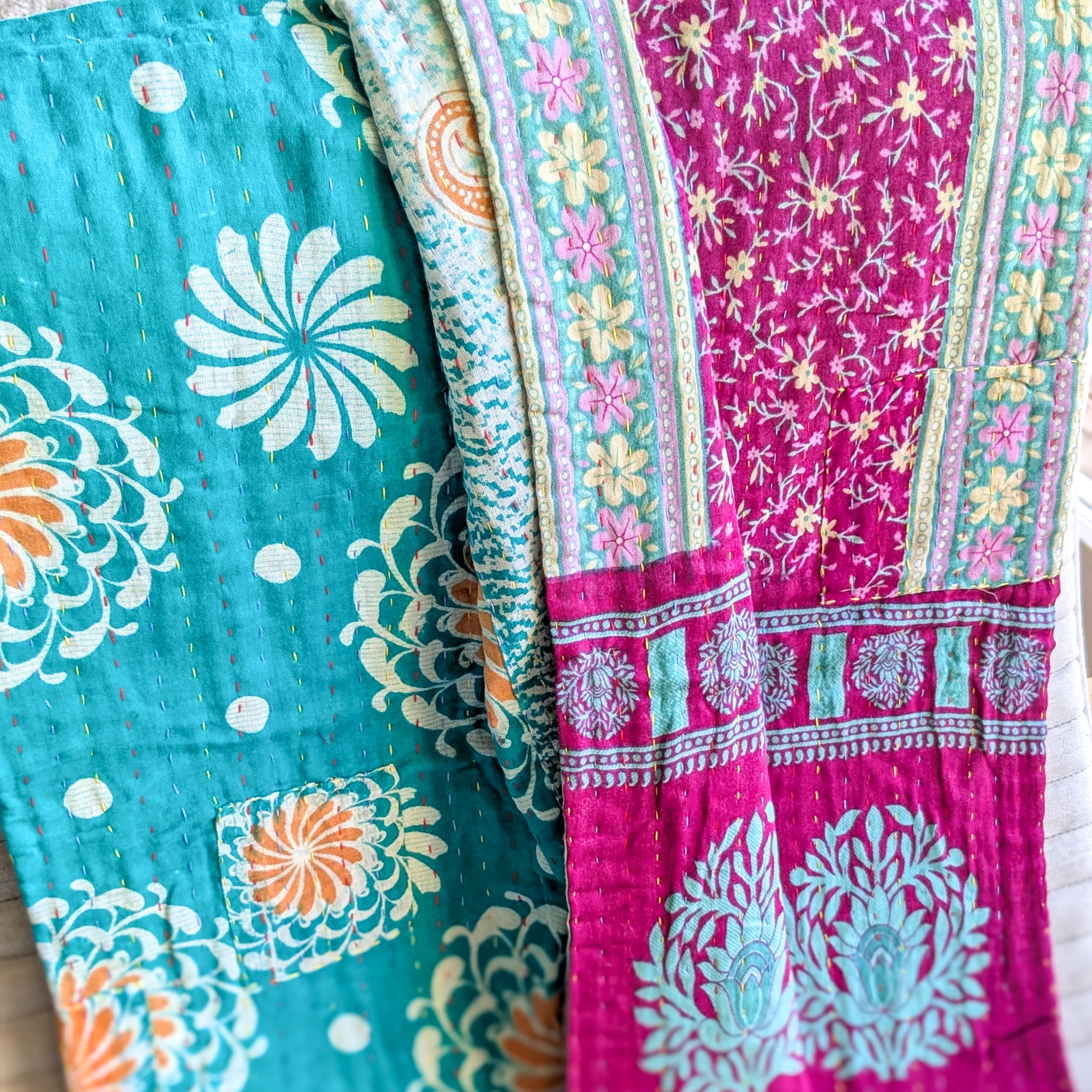 Mini Kantha Quilt In Shades Of Teal &amp; Pink, Handwoven In Bangladesh