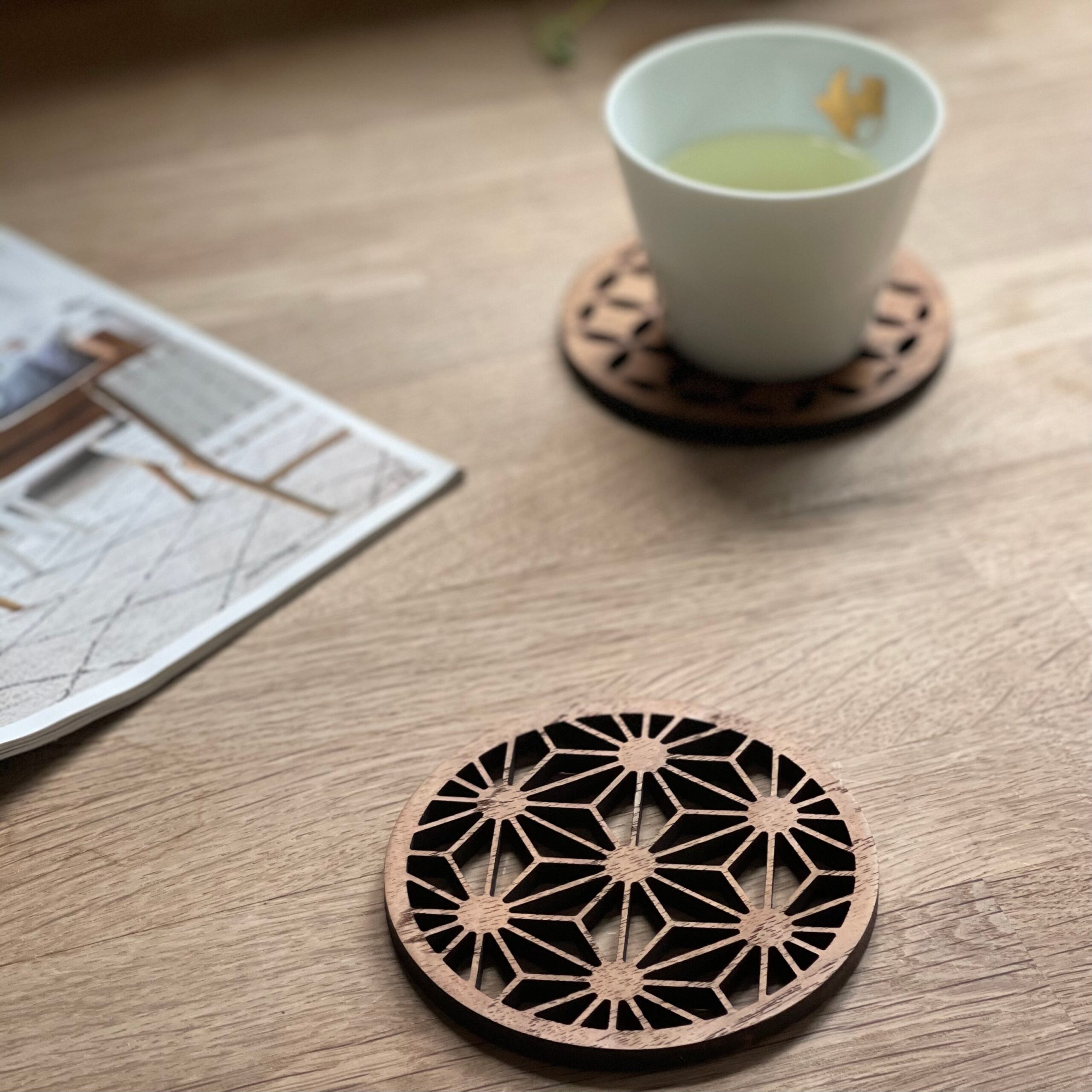 Japanese Patterns Upcycled Teak Wood Coasters - Individual / Set Of 4 - 1x Hemp Leaf (Asanoha)