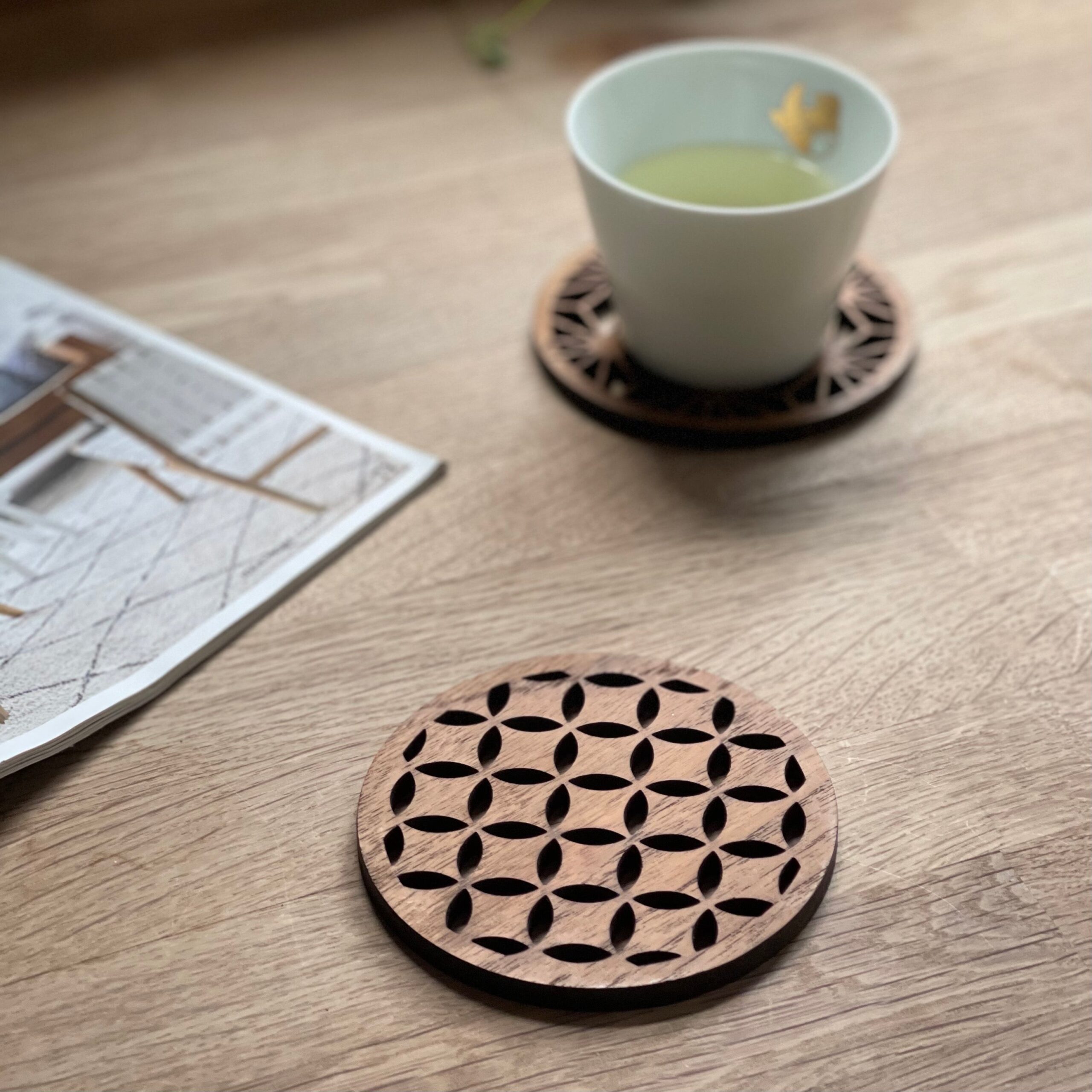 Japanese Patterns Upcycled Teak Wood Coasters - Individual / Set Of 4 - 1x Seven Treasures (Shippo)