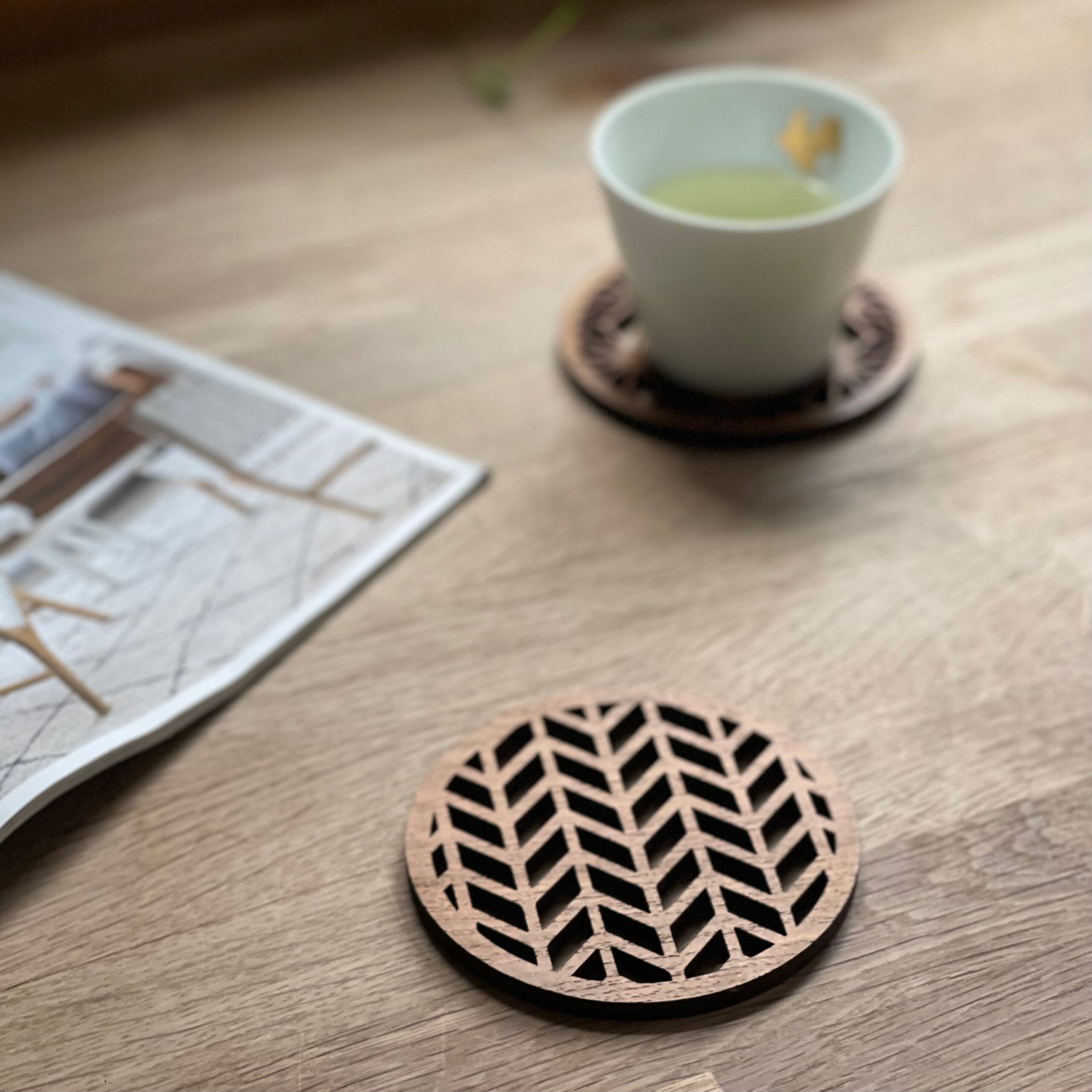 Japanese Patterns Upcycled Teak Wood Coasters - Individual / Set Of 4 - 1x Fletching (Yagasuri)