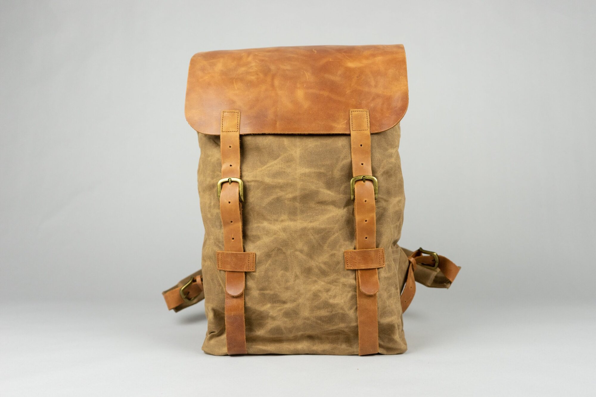 Cotton Canvas Backpack With Vegetable Tanned Leather - Brown