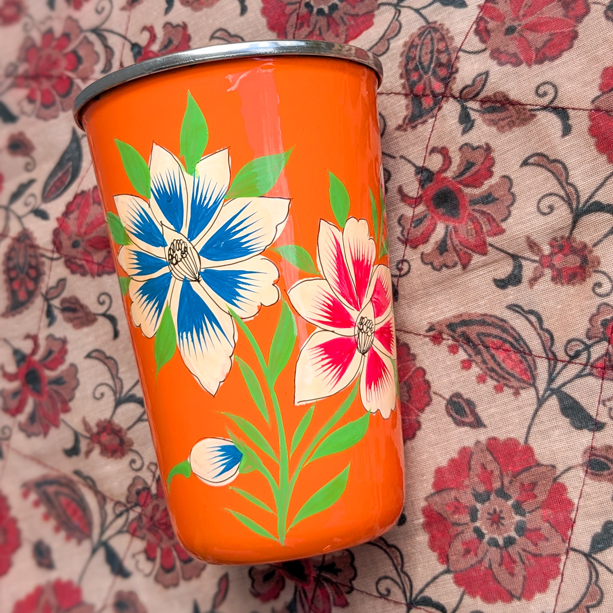 Hand-painted Stainless Steel Tumblers, Food Safe, Kashmiri Hand Painted 400ml Drinking Cups - Orange